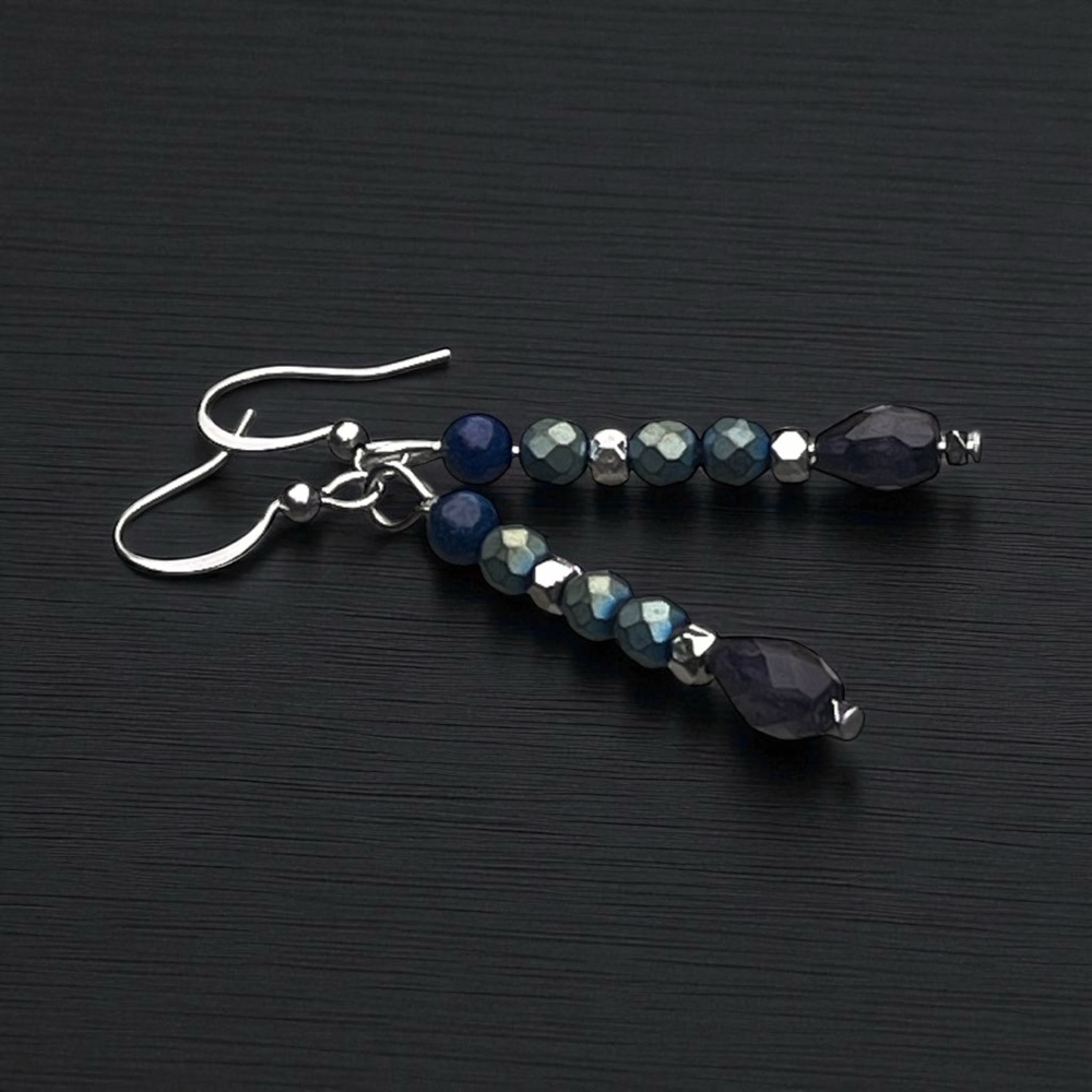 Handcrafted hematite, iolite & lapis Beaded Earrings - Picture 7 of 11